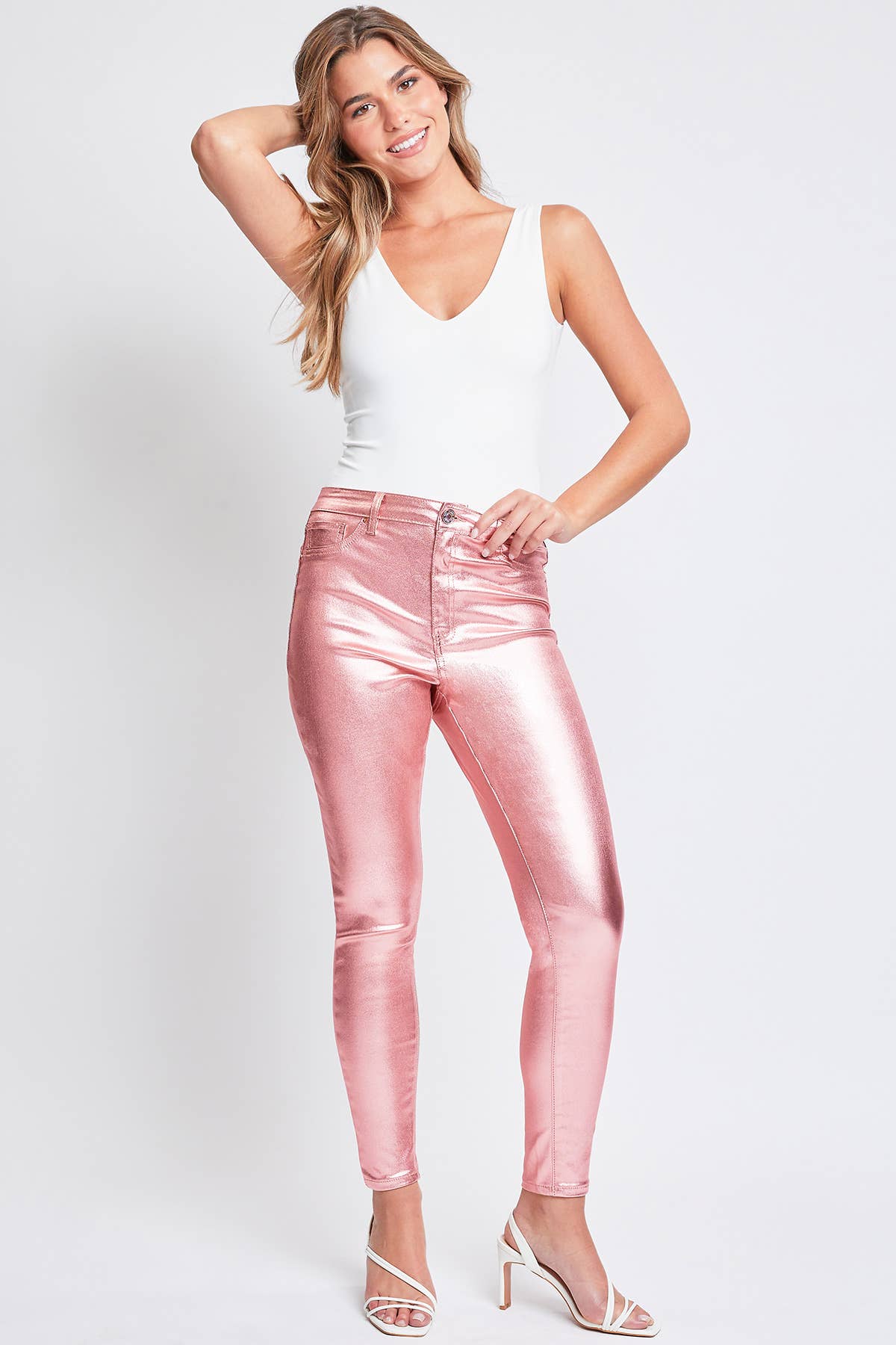 High Rise Metallic Skinny Jean in Rose Pink