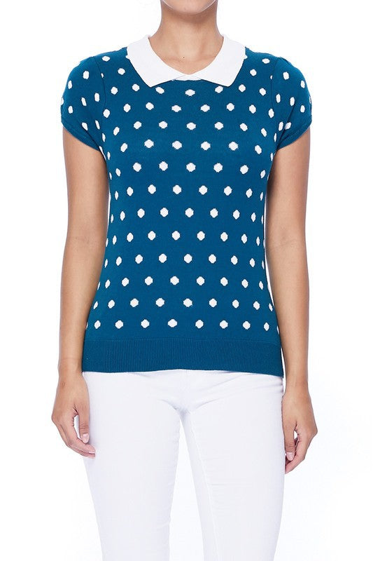 Puffed Cap Sleeve Polka Dot Jacquard Retro Vintage Inspired Sweater by MAK
