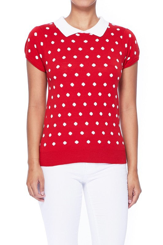 Puffed Cap Sleeve Polka Dot Jacquard Retro Vintage Inspired Sweater by MAK
