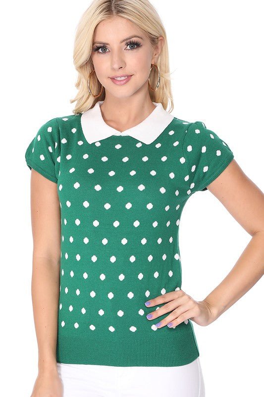 Puffed Cap Sleeve Polka Dot Jacquard Retro Vintage Inspired Sweater by MAK
