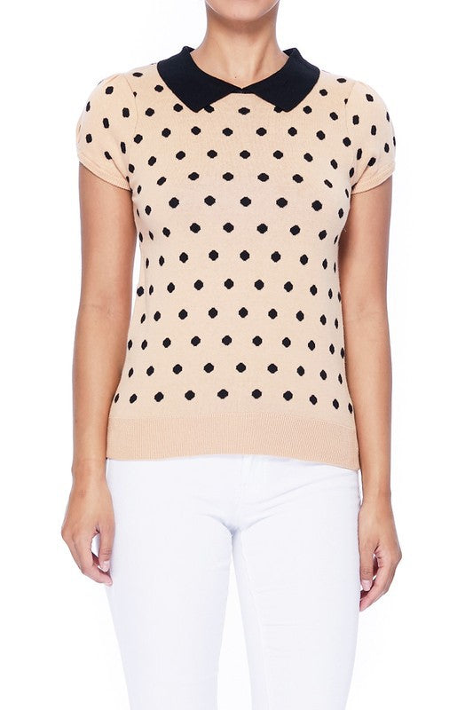 Puffed Cap Sleeve Polka Dot Jacquard Retro Vintage Inspired Sweater by MAK
