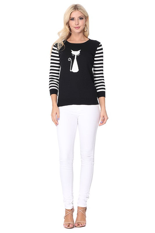 Cat Jacquard Cotton Sweater Top by MAK
