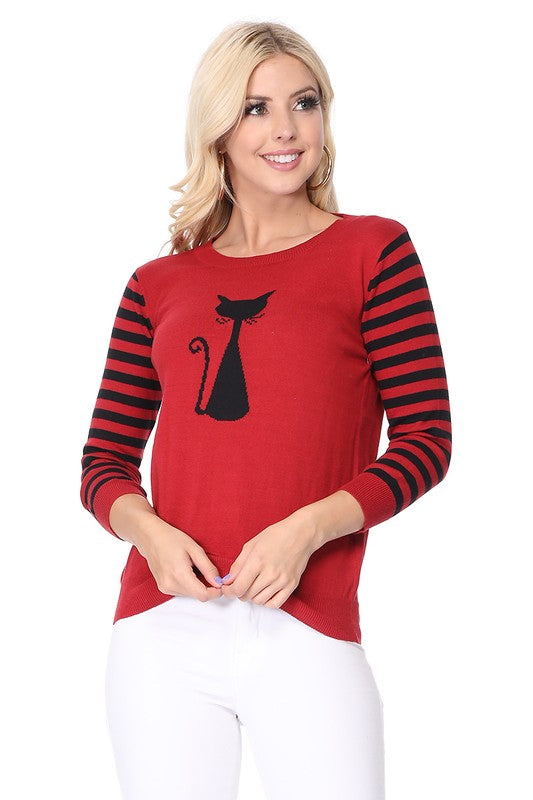Black Cat Jacquard Cotton Sweater Top in Red by MAK