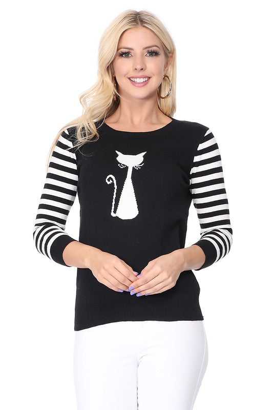 Retro Atomic Cat Jacquard Cotton Sweater Top in Black and White by MAK