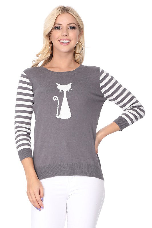 Retro Cat Jacquard Cotton Sweater in Grey by MAK