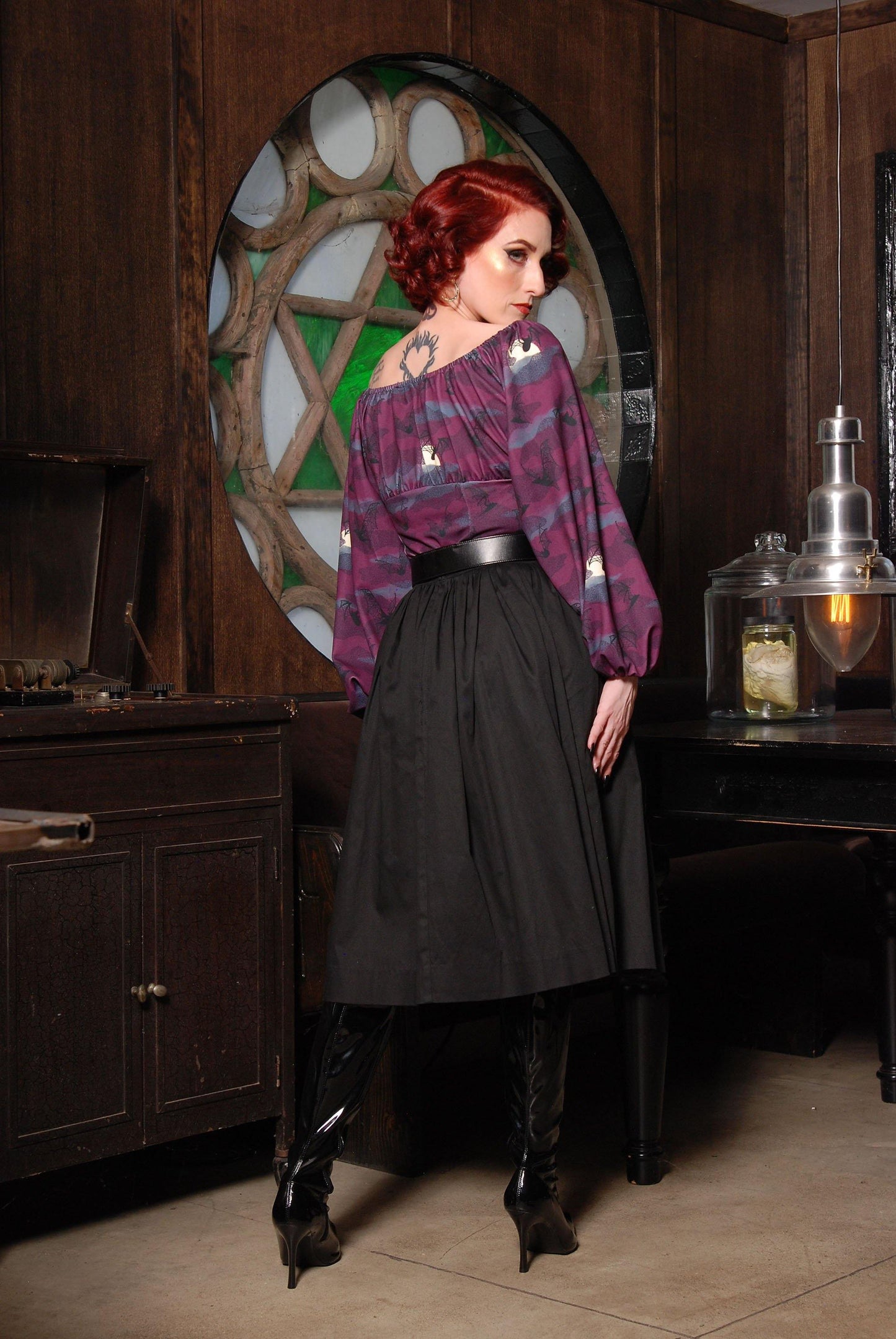 Bella Vintage Gathered Swing Skirt in Solid Black Cotton Sateen