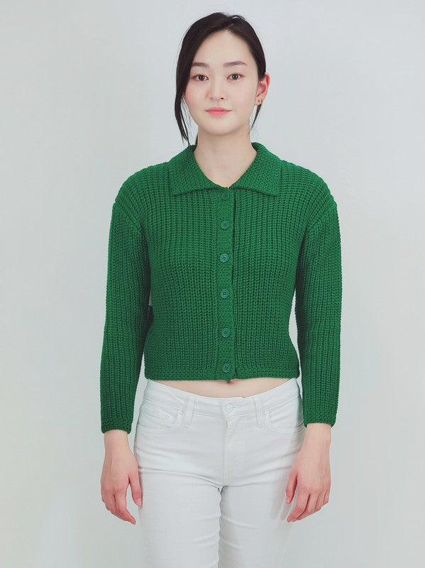 Button Down Vintage Crop Sweater Cardigan with Collar