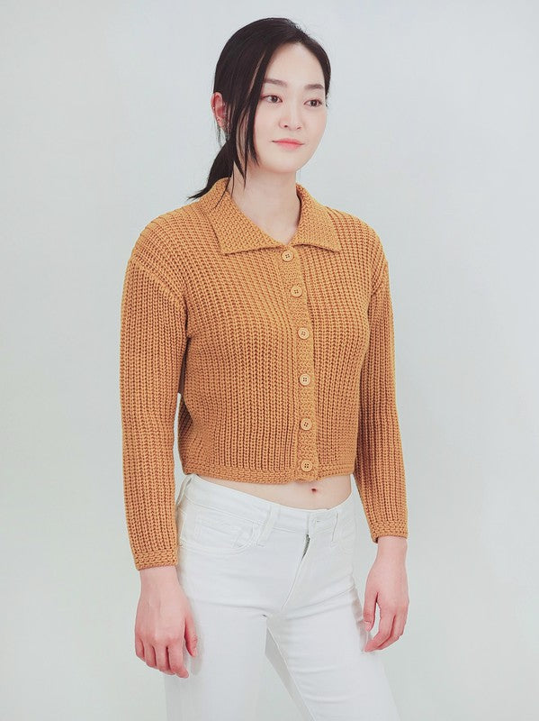 Button Down Vintage Crop Sweater Cardigan with Collar