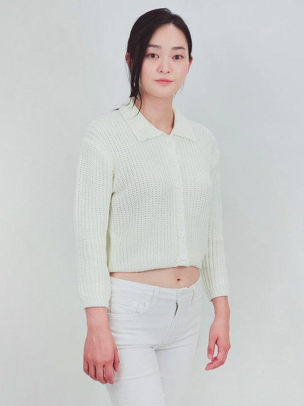 Button Down Vintage Crop Sweater Cardigan with Collar