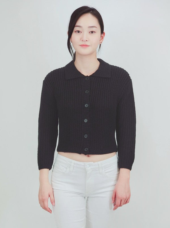 Button Down Vintage Crop Sweater Cardigan with Collar