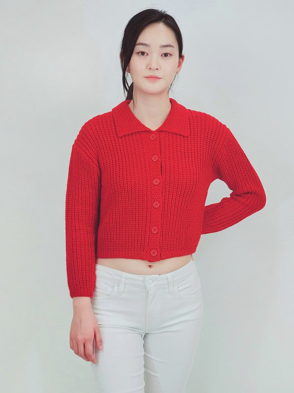 Button Down Vintage Crop Sweater Cardigan with Collar