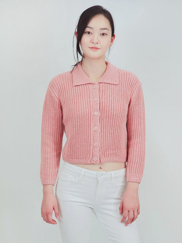 Button Down Vintage Crop Sweater Cardigan with Collar