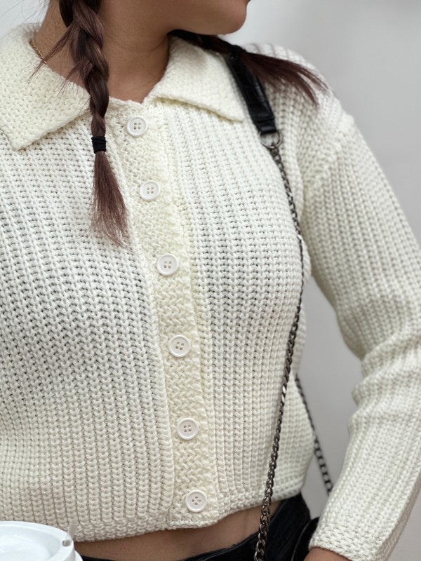 Button Down Vintage Crop Sweater Cardigan with Collar
