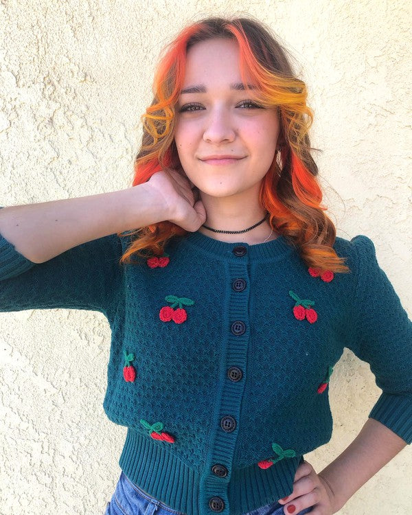 Cherry Crochet Pom Pom Cropped Vintage Inspired Cardigan