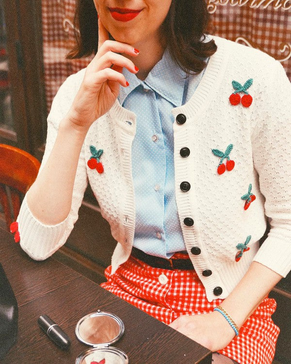 Cherry Crochet Pom Pom Cropped Vintage Inspired Cardigan