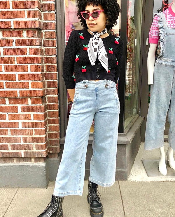 Cherry Crochet Pom Pom Cropped Vintage Inspired Cardigan