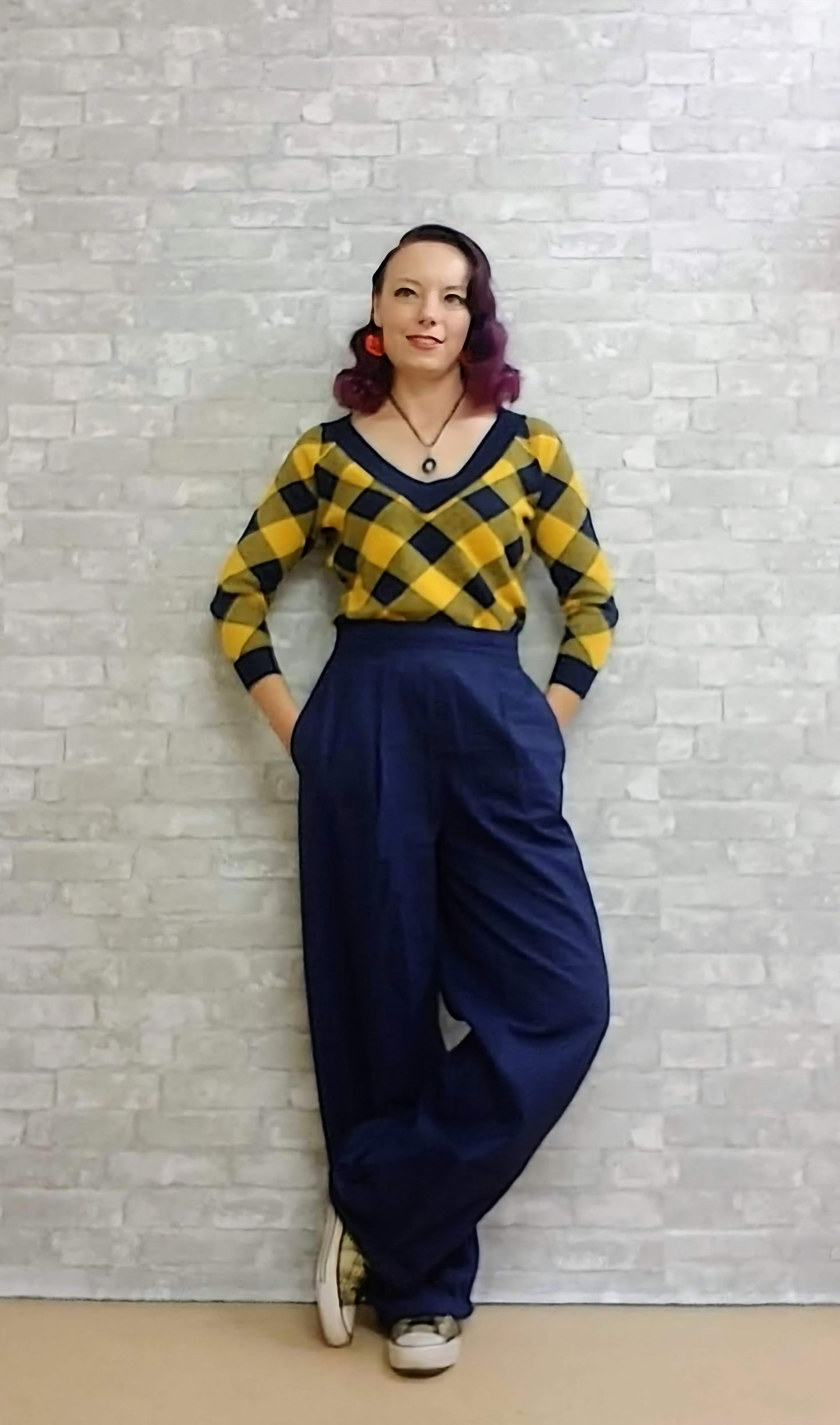 Blue and Gold Plaid Checkered VNeck Sweater by Unique Vintage