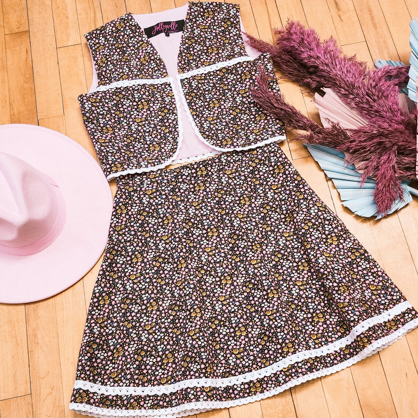 Floral Corduroy Skirt and Vest Matching Set by Hollyville