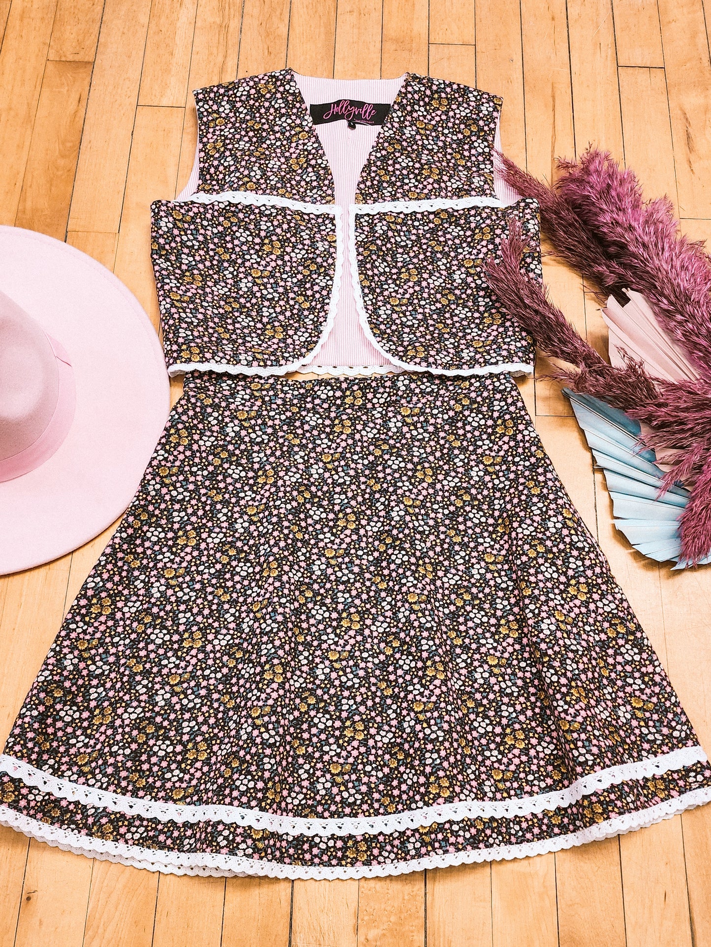 Floral Corduroy Skirt and Vest Matching Set by Hollyville