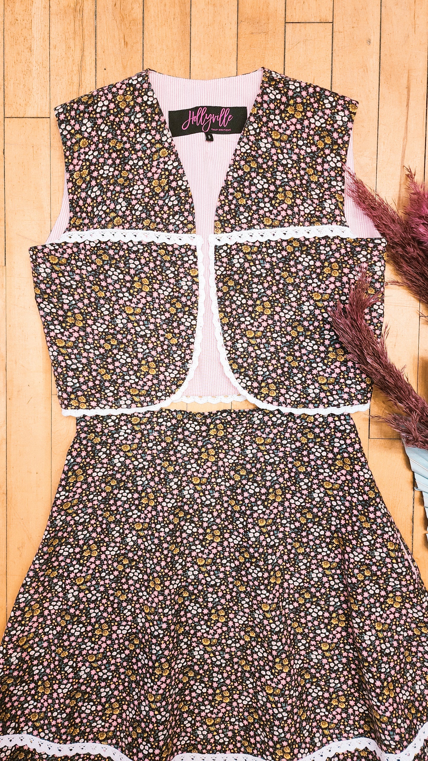 Floral Corduroy Skirt and Vest Matching Set by Hollyville