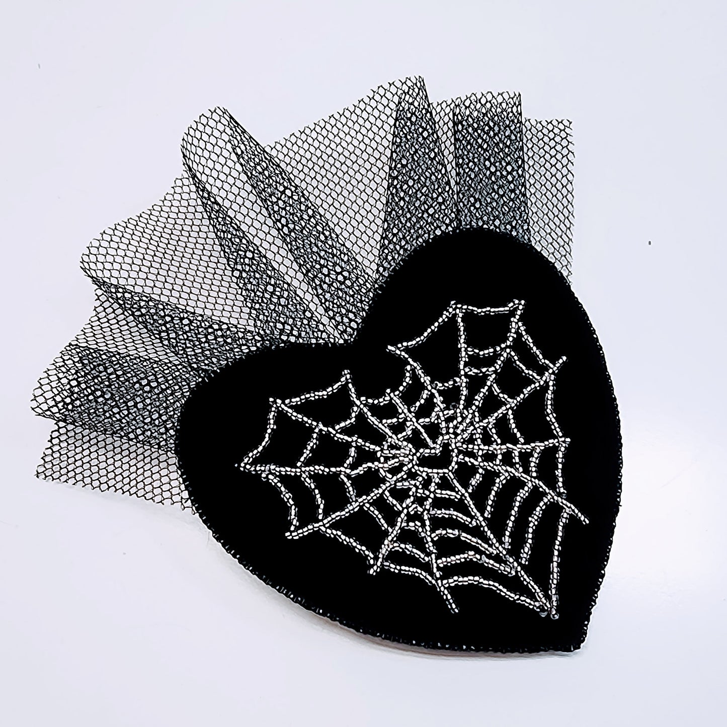 Black Velvet Beaded Heart Spiderweb Hair Clip Fascinator by Hollyville