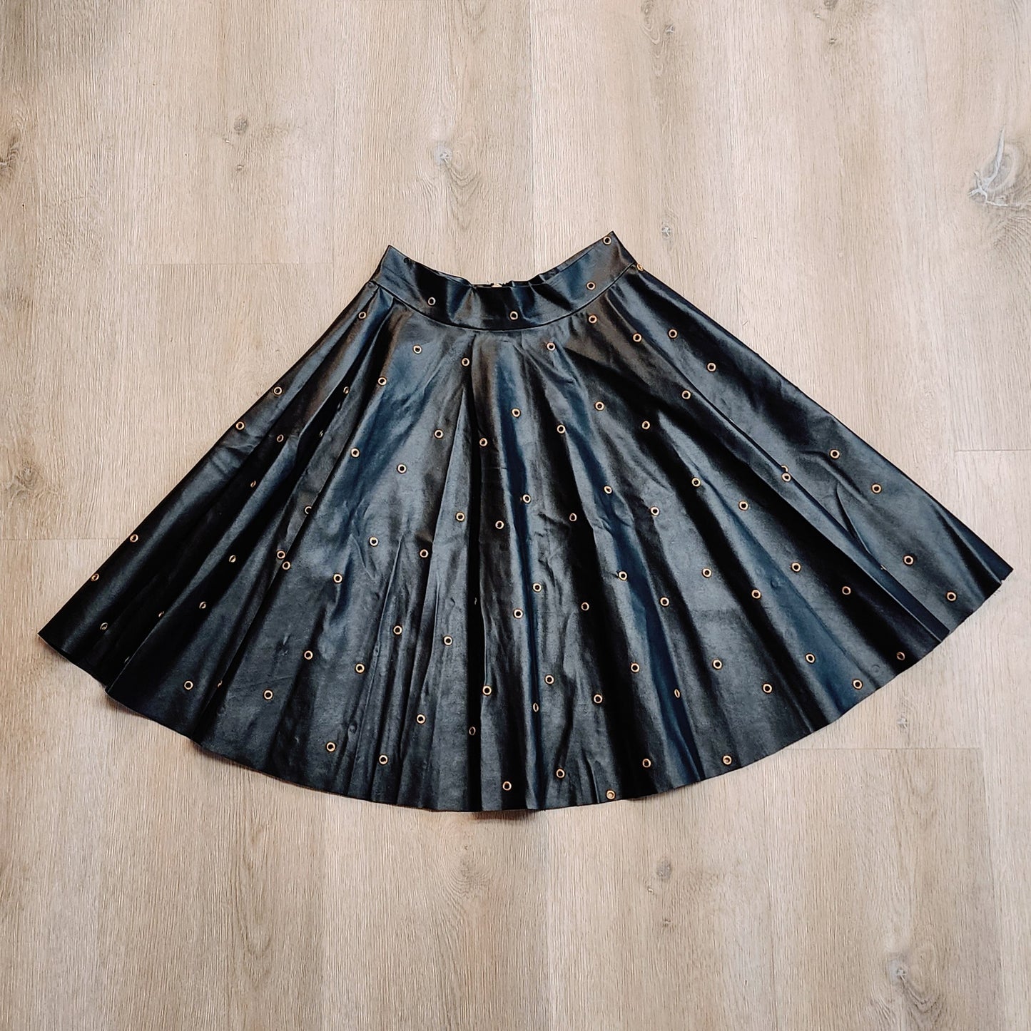 Black Vegan Leather Gold Metal Eyelet Dark Pinup Skirt by Hollyville