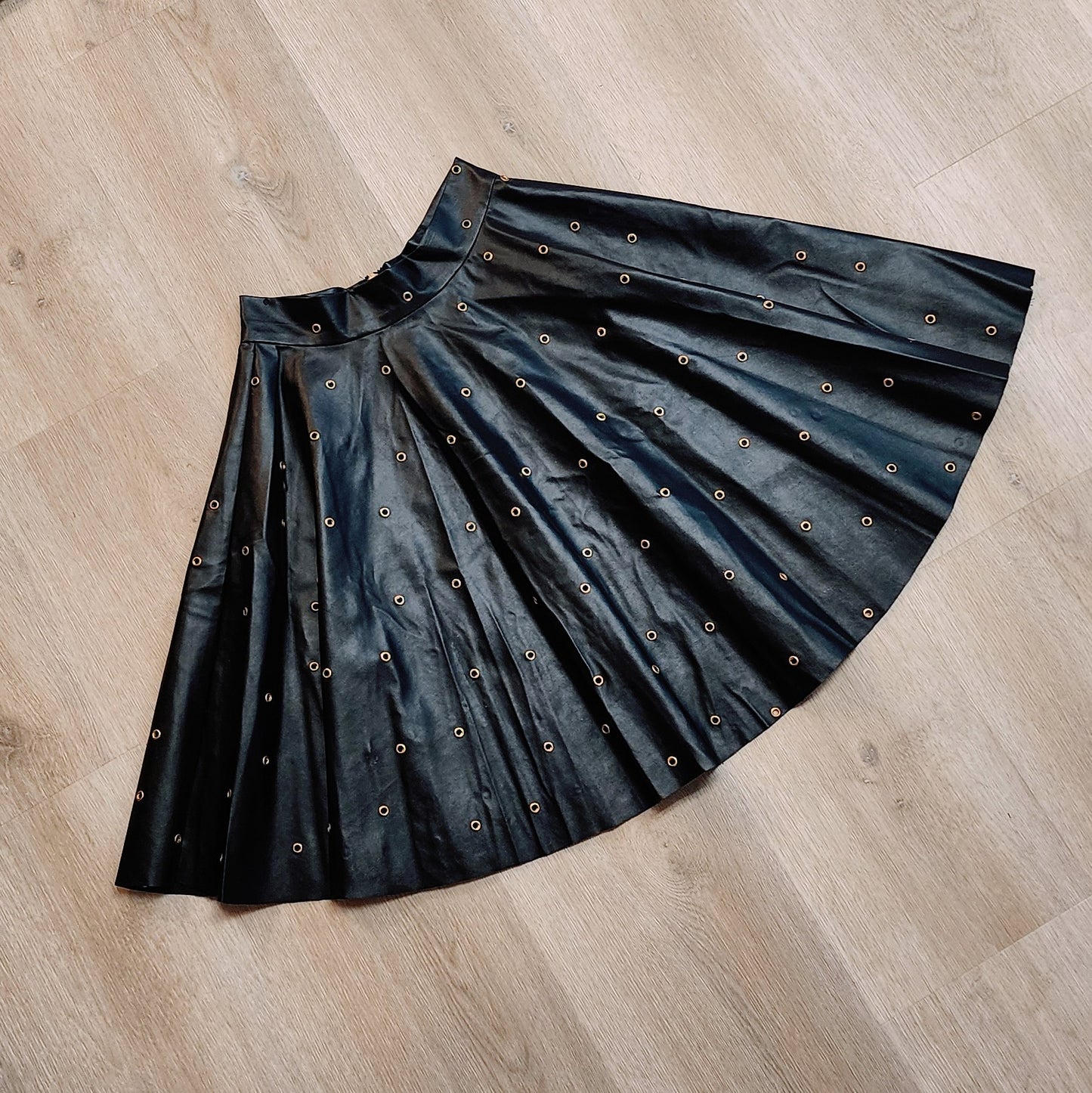 Black Vegan Leather Gold Metal Eyelet Dark Pinup Skirt by Hollyville