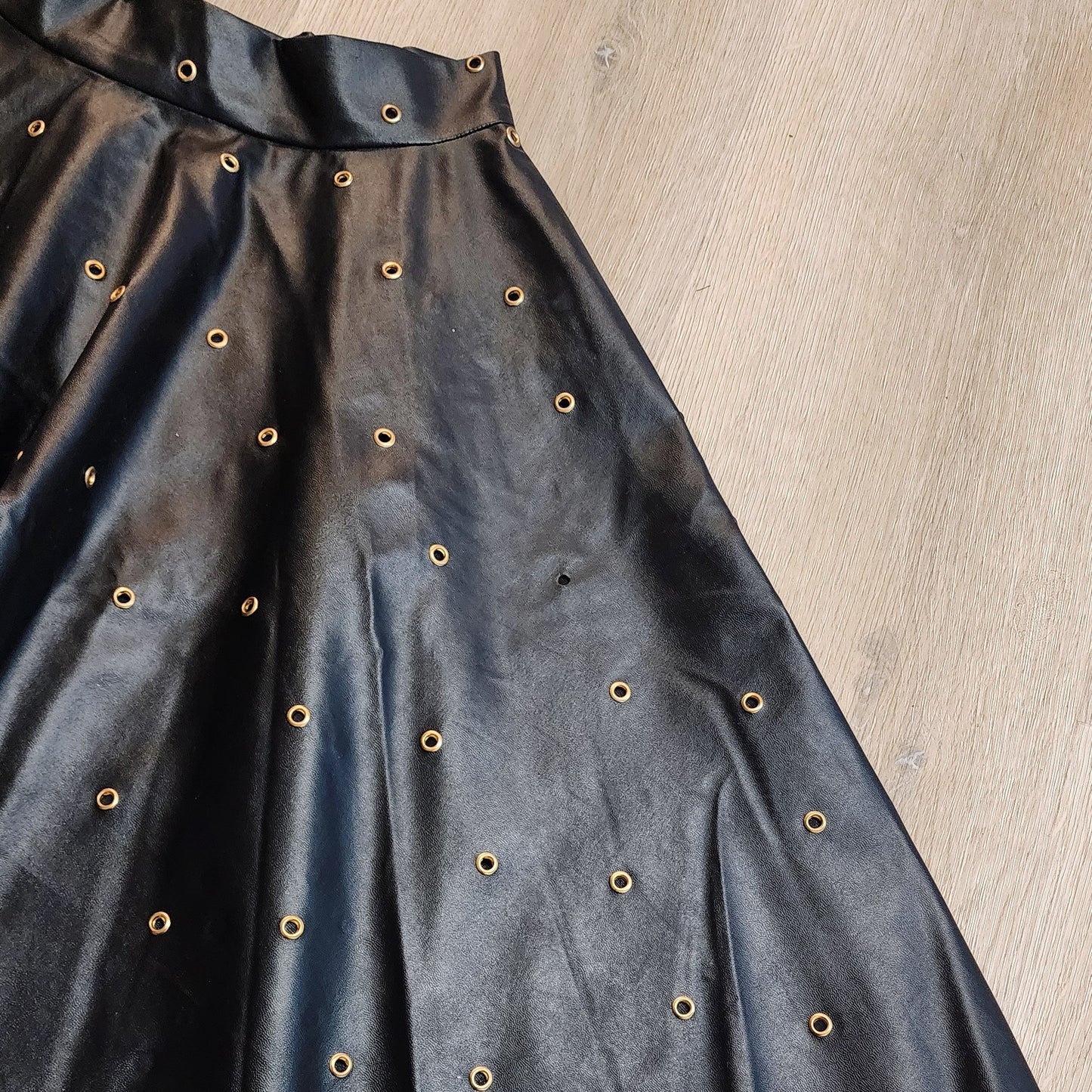 Black Vegan Leather Gold Metal Eyelet Dark Pinup Skirt by Hollyville