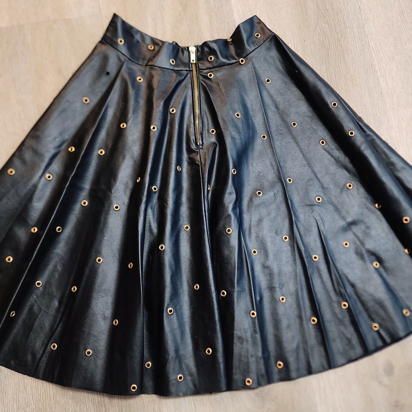 Black Vegan Leather Gold Metal Eyelet Dark Pinup Skirt by Hollyville