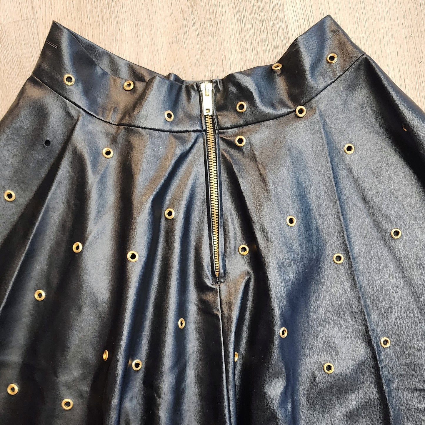 Black Vegan Leather Gold Metal Eyelet Dark Pinup Skirt by Hollyville