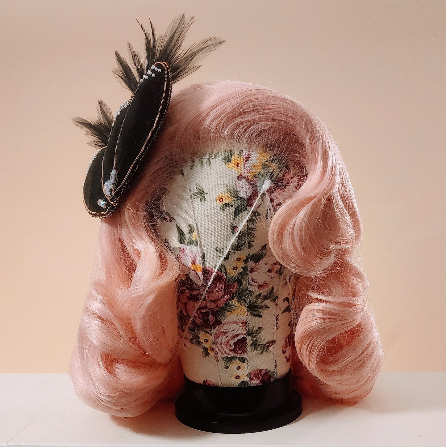 Black Velvet Feathered and Hand Beaded Hair Fascinator by Hollyville