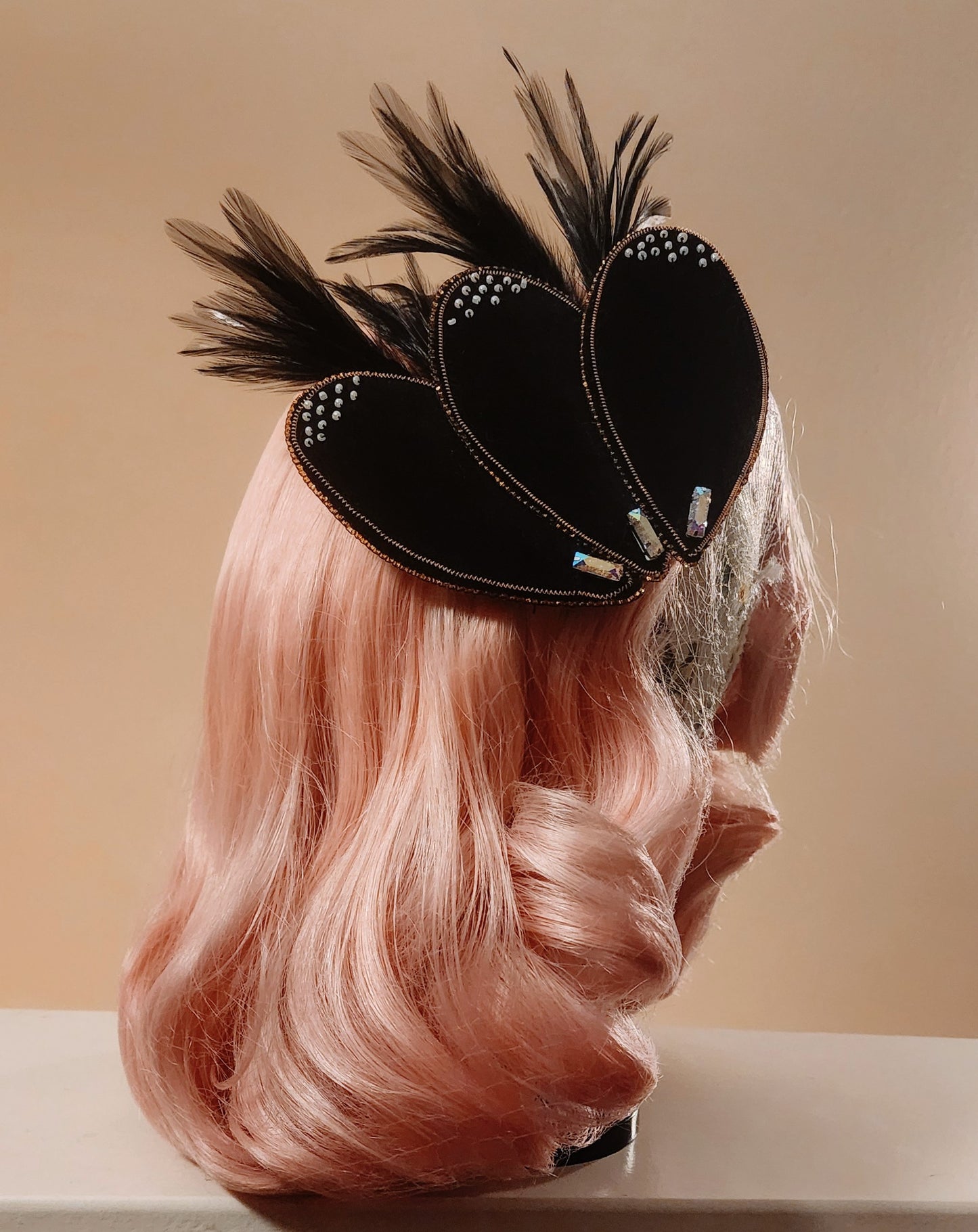 Black Velvet Feathered and Hand Beaded Hair Fascinator by Hollyville