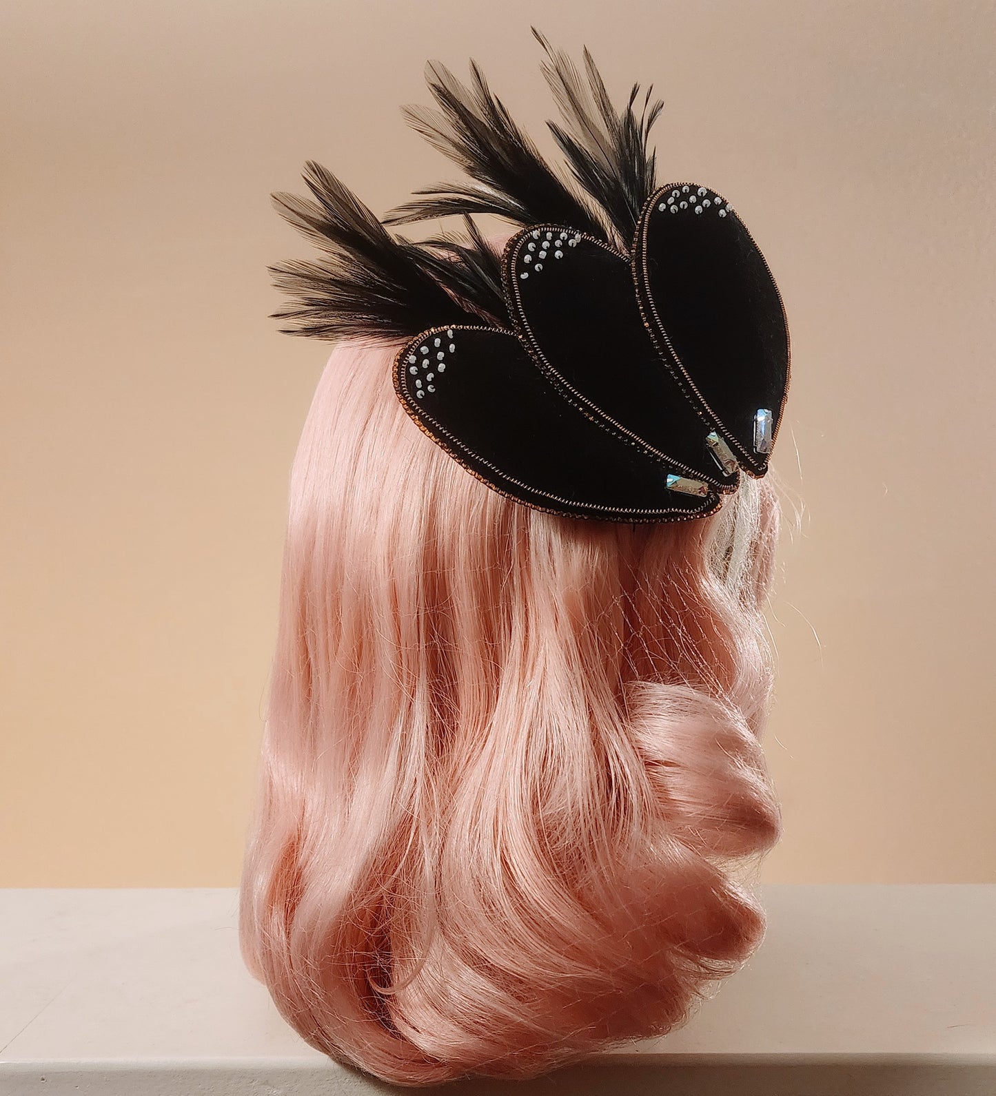 Black Velvet Feathered and Hand Beaded Hair Fascinator by Hollyville
