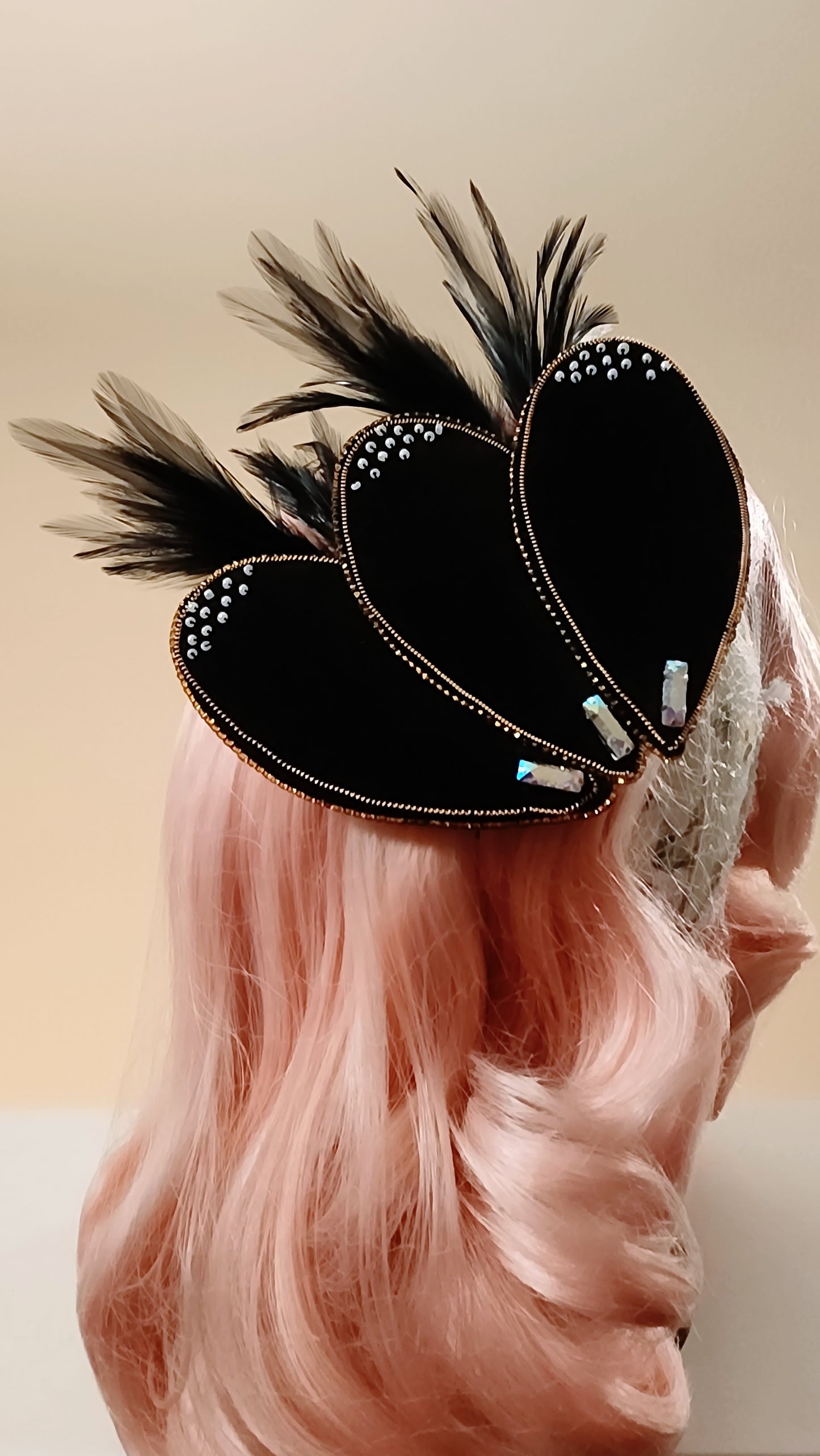 Black Velvet Feathered and Hand Beaded Hair Fascinator by Hollyville
