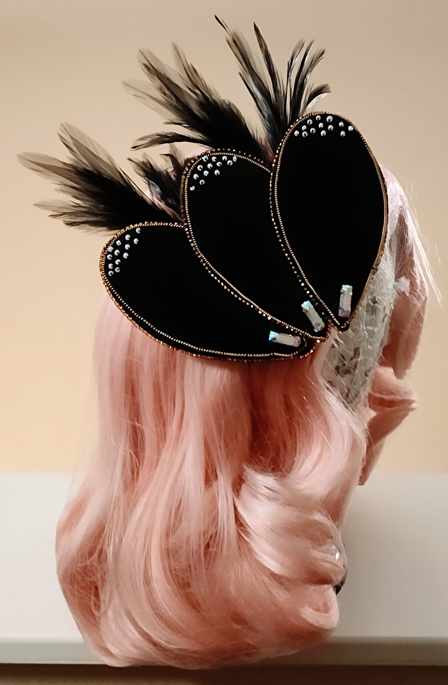 Black Velvet Feathered and Hand Beaded Hair Fascinator by Hollyville
