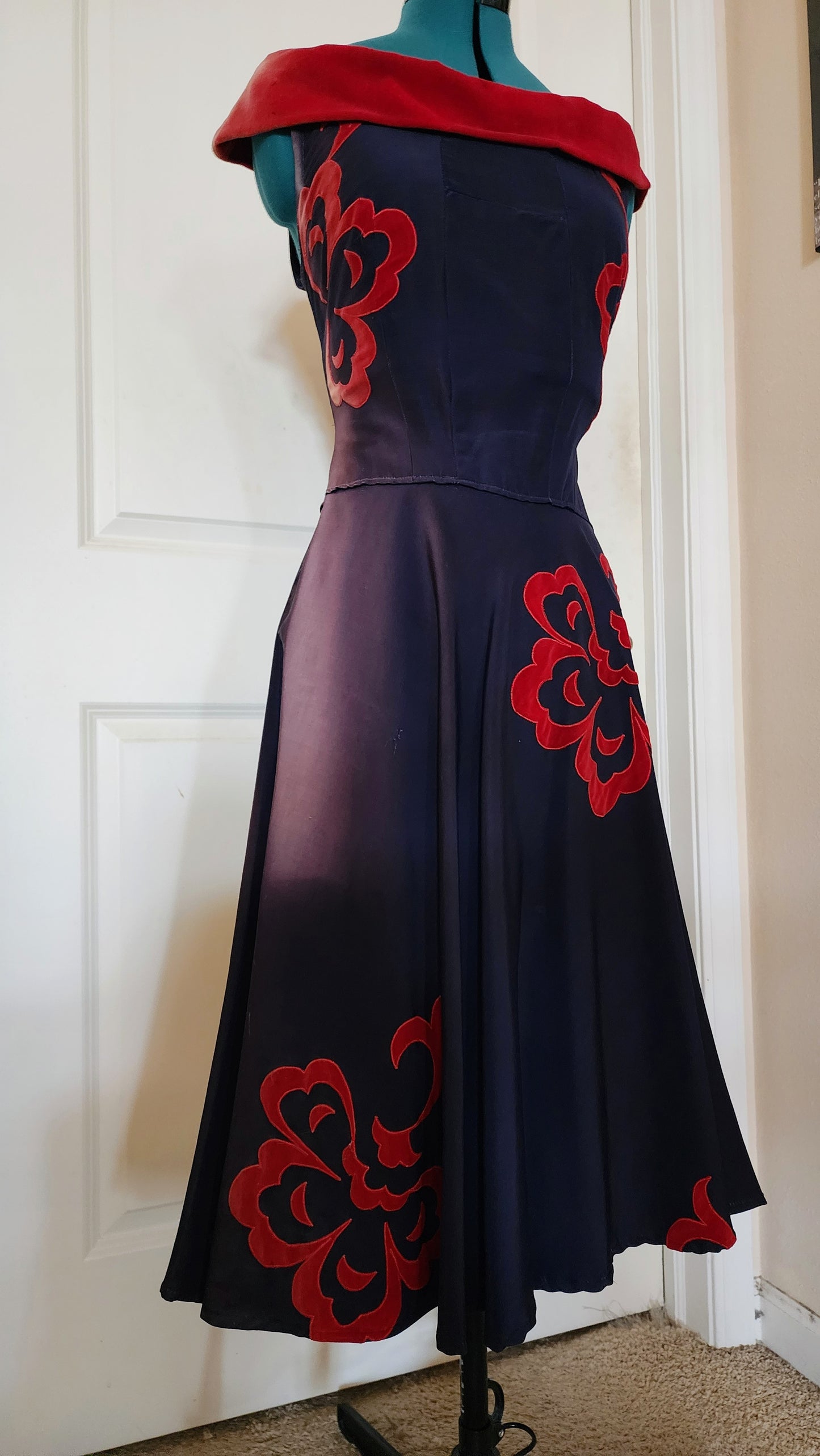 Vintage Navy Blue Red Velvet Dress