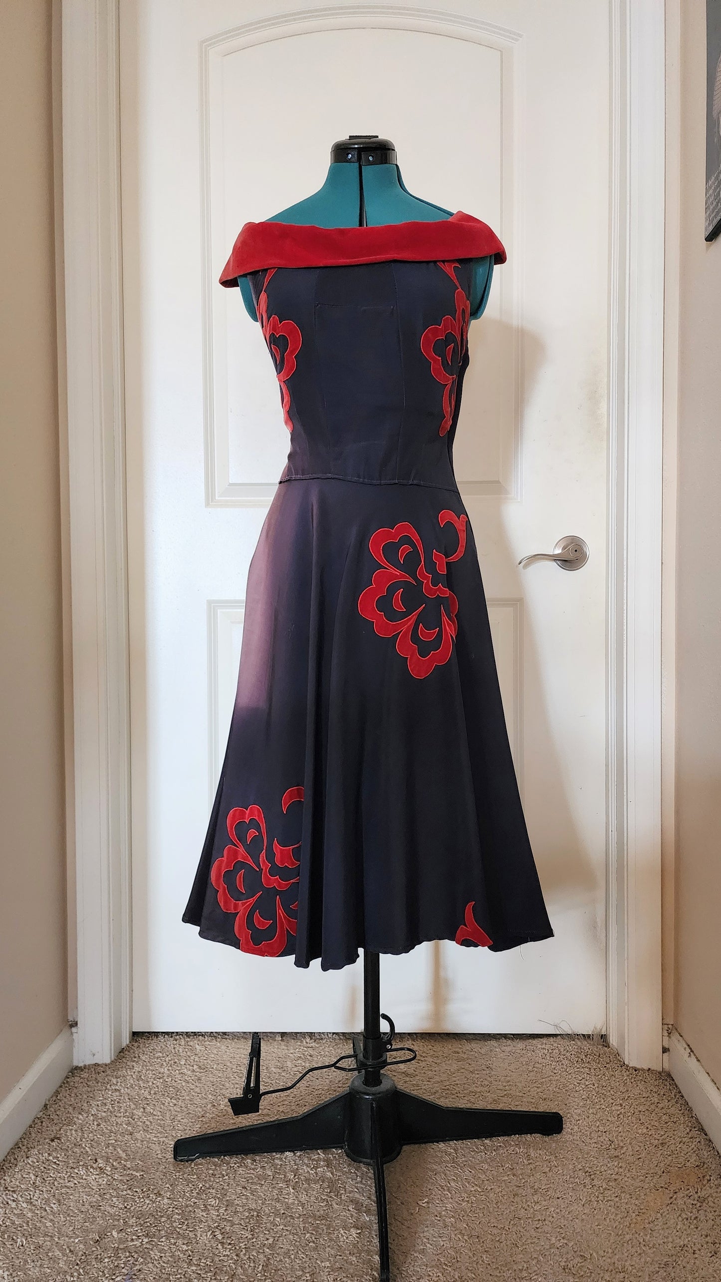 Vintage Navy Blue Red Velvet Dress