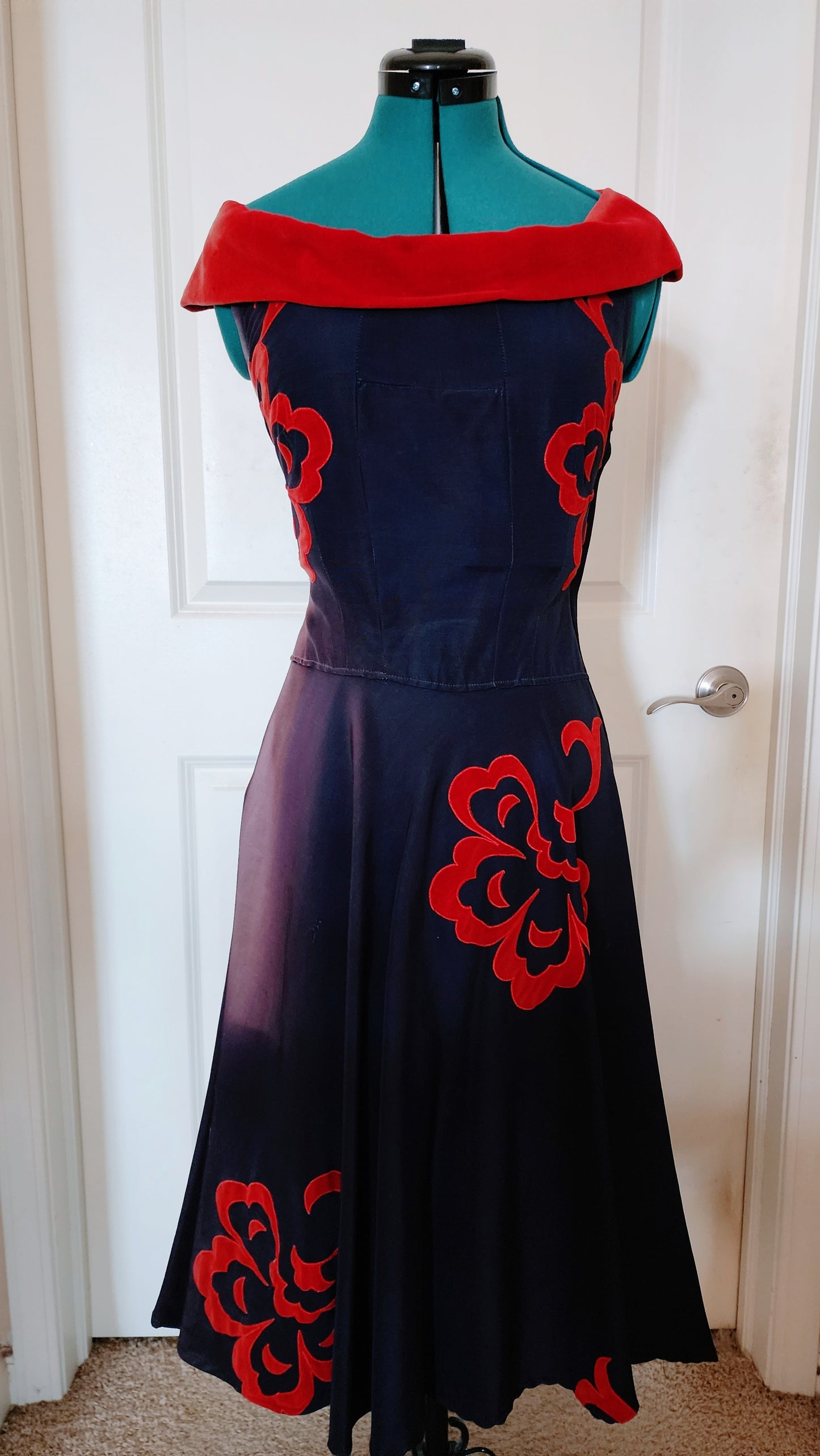 Vintage Navy Blue Red Velvet Dress