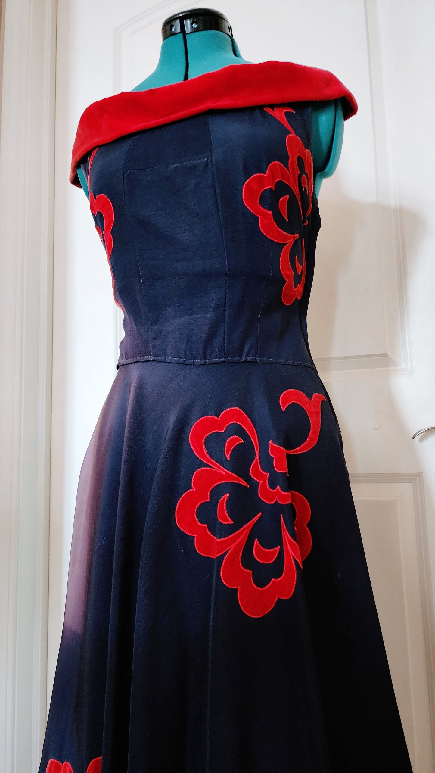 Vintage Navy Blue Red Velvet Dress