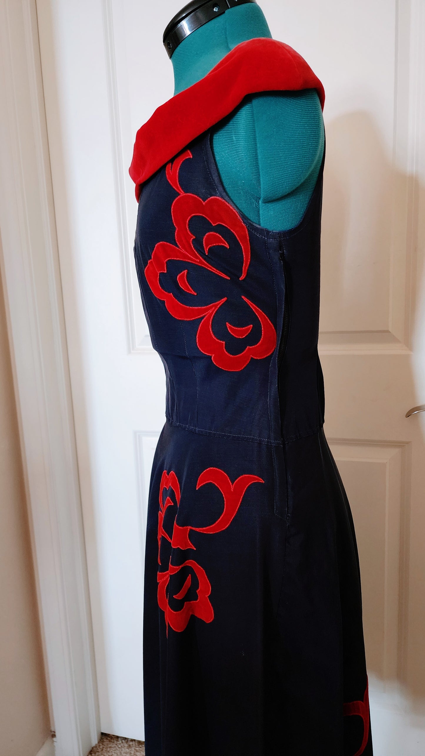 Vintage Navy Blue Red Velvet Dress