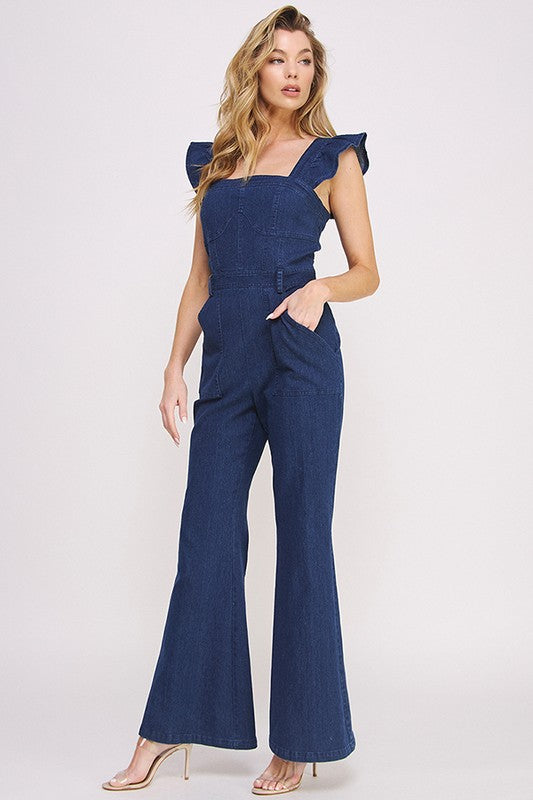 Denim Ruffle Flare Leg Jumpsuit Overalls