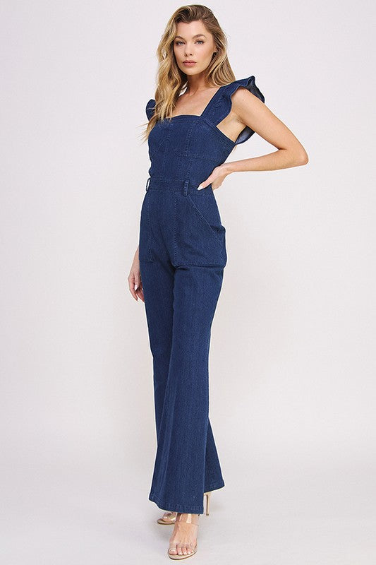 Denim Ruffle Flare Leg Jumpsuit Overalls