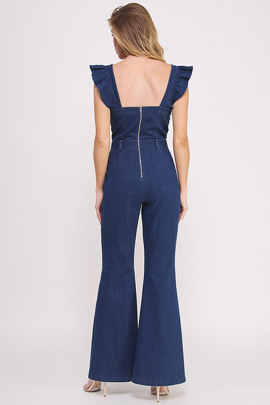 Denim Ruffle Flare Leg Jumpsuit Overalls