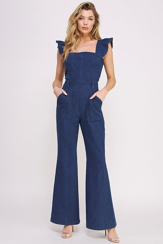 Denim Ruffle Flare Leg Jumpsuit Overalls