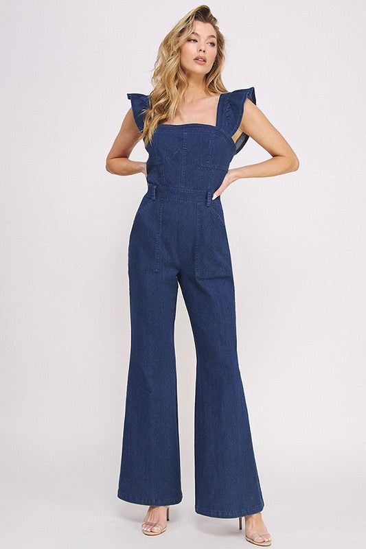 Denim Ruffle Flare Leg Jumpsuit Dungarees