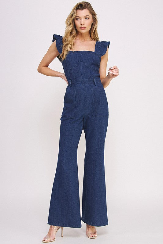 Denim Ruffle Flare Leg Jumpsuit Overalls