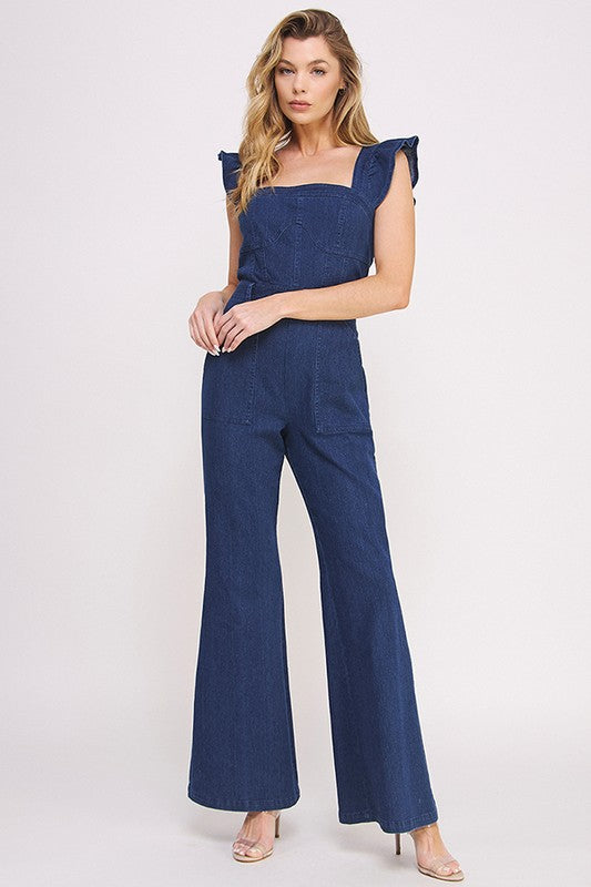Denim Ruffle Flare Leg Jumpsuit Overalls