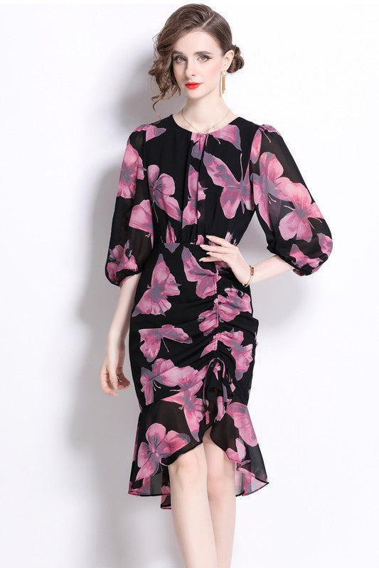 Vintage inspired Women Fashion Chiffon Butterfly Print Dress