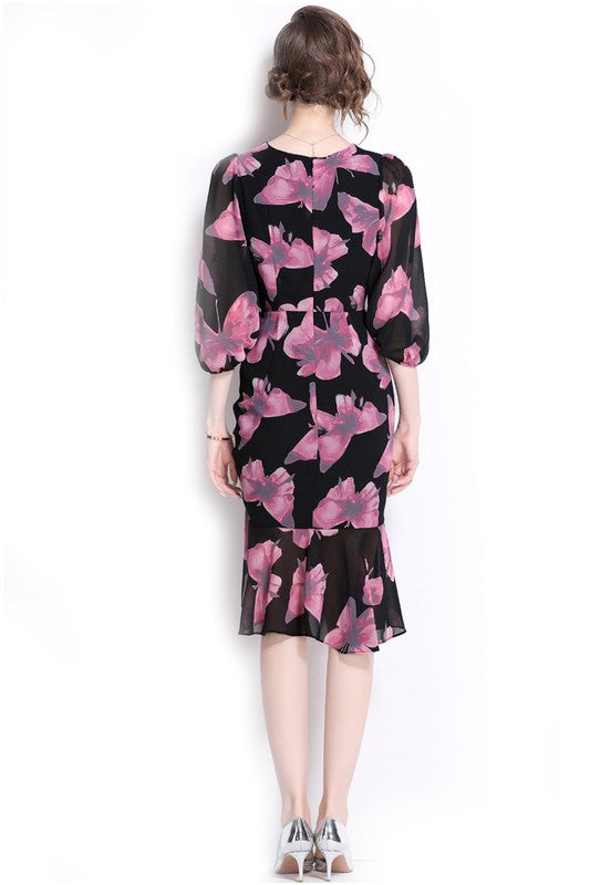 Vintage inspired Women Fashion Chiffon Butterfly Print Dress