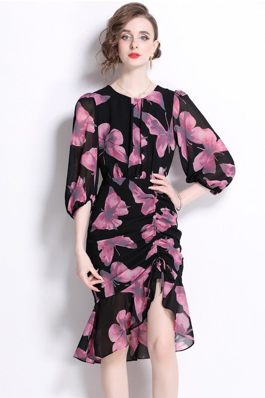 Vintage inspired Women Fashion Chiffon Butterfly Print Dress